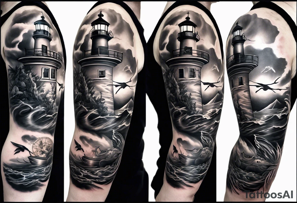 full sleeve tattoo with compass, lighthouse, map of bermuda, longtail bird, crown and anchor dice, lightning in background tattoo idea