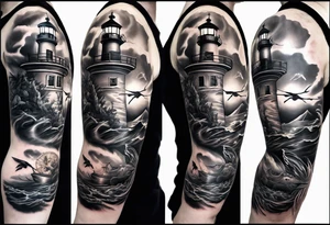 full sleeve tattoo with compass, lighthouse, map of bermuda, longtail bird, crown and anchor dice, lightning in background tattoo idea