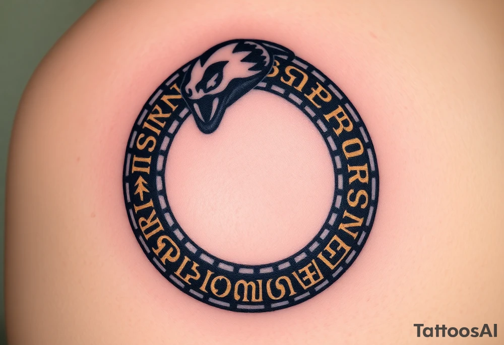 An obsidian black Ouroboros snake forming cyrcle with golden runes carved into its scales, creating a mystical, ancient feel. tattoo idea