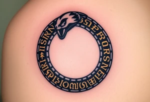 An obsidian black Ouroboros snake forming cyrcle with golden runes carved into its scales, creating a mystical, ancient feel. tattoo idea