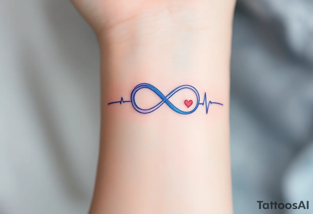 A blue and lavender infinity symbol with a heartbeat line leading into a small red heart. tattoo idea