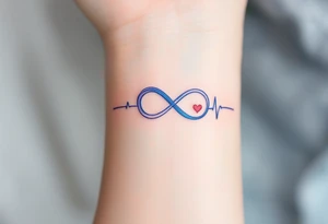 A blue and lavender infinity symbol with a heartbeat line leading into a small red heart. tattoo idea
