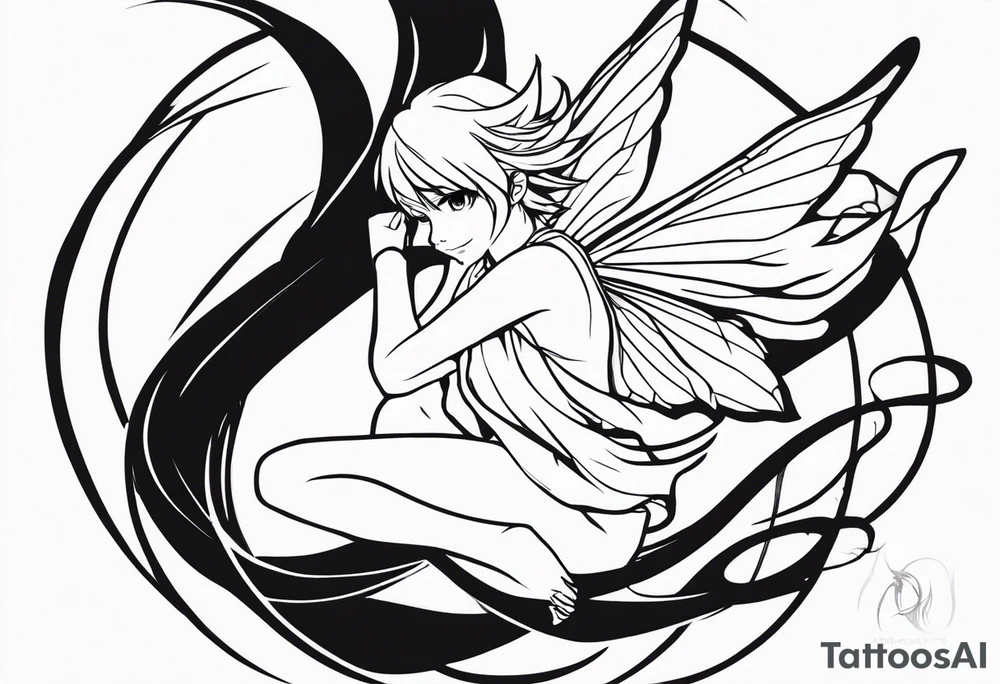No color sketch of a fairy with a tail inspired by the guild symbol in the anime show called Fairy Tail in a fetal position leaning forward while crawled in hugging herself with hands a bit forward and her body is an angle while floating in the air tattoo idea
