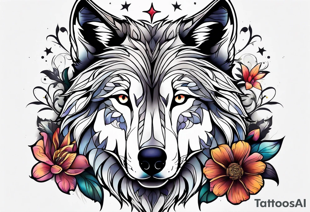 Wolf, flower, cross tattoo idea