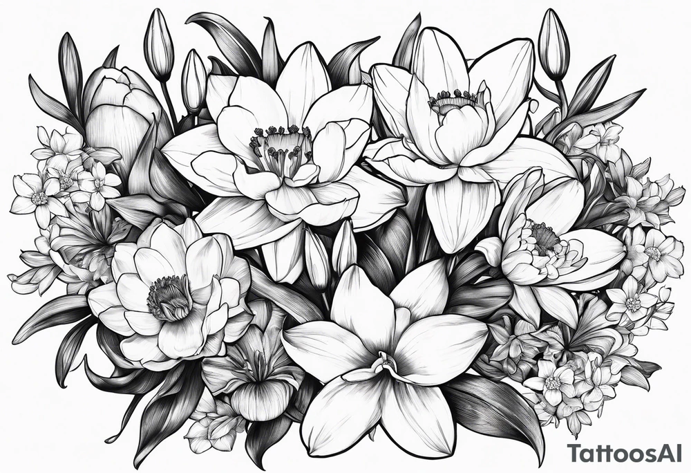 Bouquet of daffodils, water lily’s, and larkspur tattoo idea
