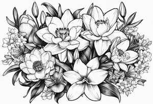 Bouquet of daffodils, water lily’s, and larkspur tattoo idea