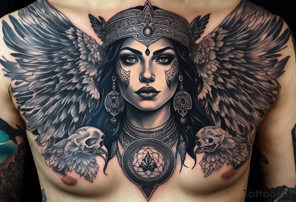black kali, goddess pirate, alien, angel, pachamama, valkrye, warrior, flying, skull, lotus azul, wing, eagle, zenza resonance, stars, 5D, anahata chakra, death, durga, riding on a tiger, flying lady, kundalini, chest tatoo, rebel tattoo idea
