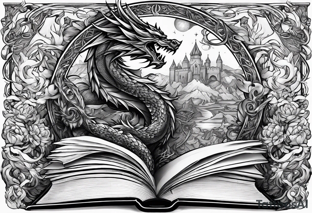 an open book with a sword through it, dragons and sparks surrounding the book tattoo idea