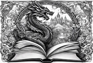 an open book with a sword through it, dragons and sparks surrounding the book tattoo idea