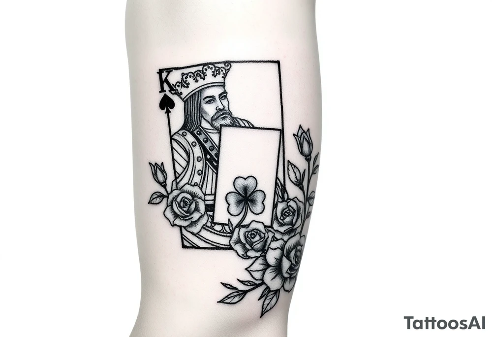 A king playing card with a highland card, a small four leaf clover, a small spanner the card surrounded by roses tattoo idea