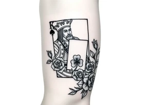 A king playing card with a highland card, a small four leaf clover, a small spanner the card surrounded by roses tattoo idea