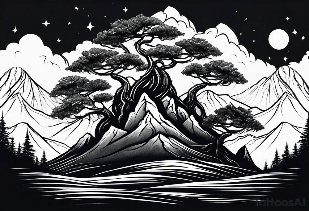 Three mountains three trees with roots tattoo idea