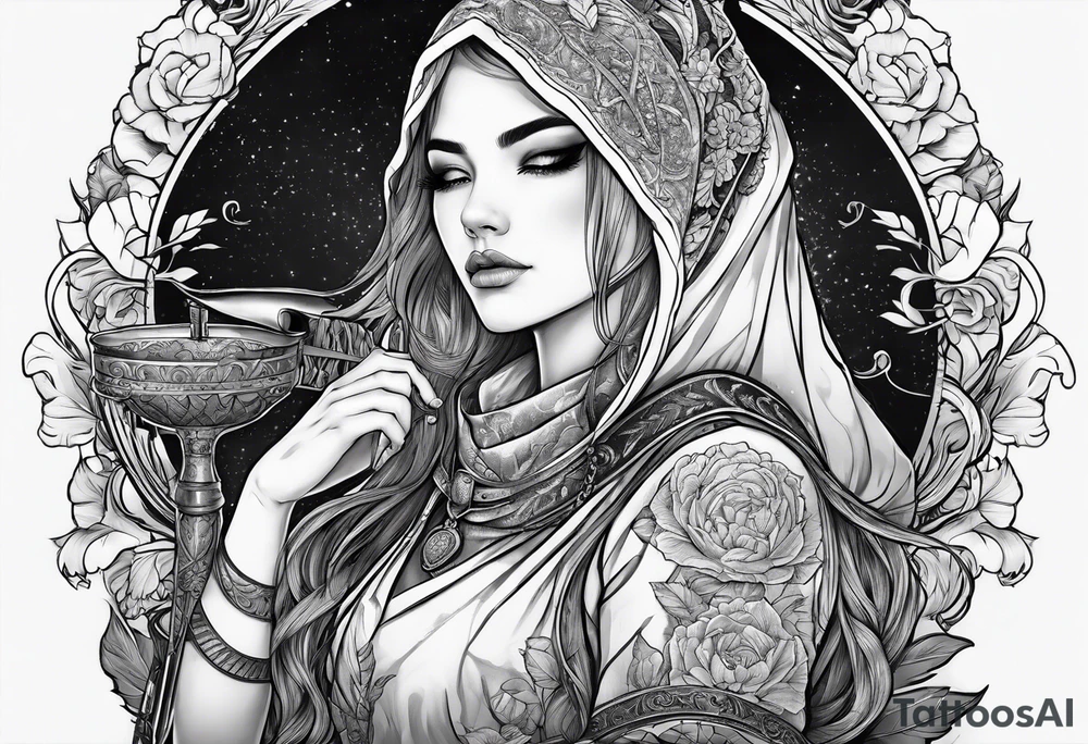 Bind Girl with cover on her eyes with a sword in her hand and in the other hand holds a scale tattoo idea