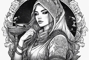 Bind Girl with cover on her eyes with a sword in her hand and in the other hand holds a scale tattoo idea