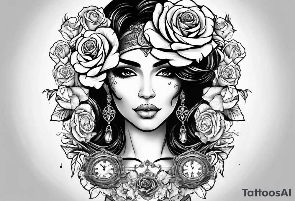 Hispanic/ Latin  woman GODDESS with half skull face, roses, loving heART, strength to move forward cancer zodiac , small clock on face tattoo idea