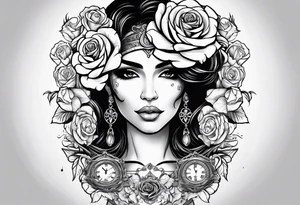 Hispanic/ Latin  woman GODDESS with half skull face, roses, loving heART, strength to move forward cancer zodiac , small clock on face tattoo idea