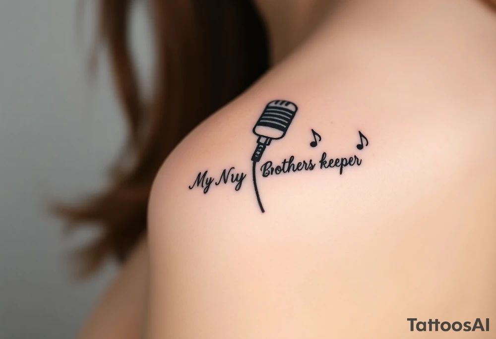 A microphone end of cord drawing the words “My brothers keeper” and music notes tattoo idea