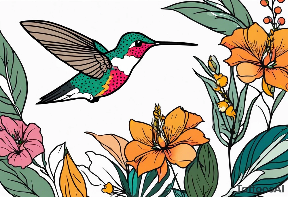 botanical, flowers, colorful, different, hummingbird, dot tattoo idea