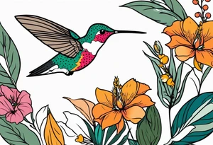 botanical, flowers, colorful, different, hummingbird, dot tattoo idea