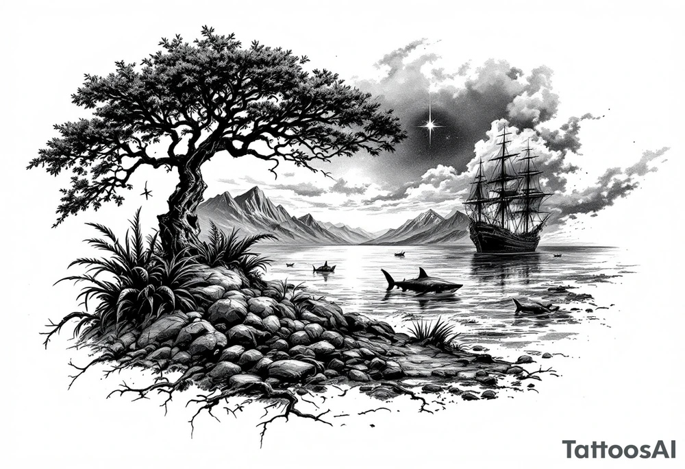 tattoo that has an acacia tree with mountains, ocean with a ship wreck with sharks and the northern star tattoo idea