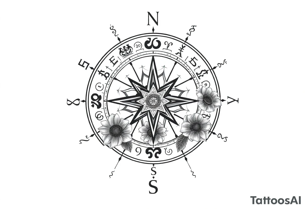 zodiac symbols the elements and Norse runes within ornate compass with roses lilly sunflowers tattoo idea