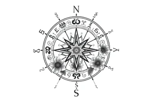 zodiac symbols the elements and Norse runes within ornate compass with roses lilly sunflowers tattoo idea