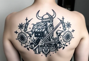 A Viking in the battlefield surrounded by Viking symbols and patterns. Hidden in the patterns is an Australian army rifle and slouch hat. tattoo idea