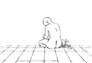 A simple tile floor with a minimalist outline of a curled up person sitting on the floor with a lily next to her tattoo idea