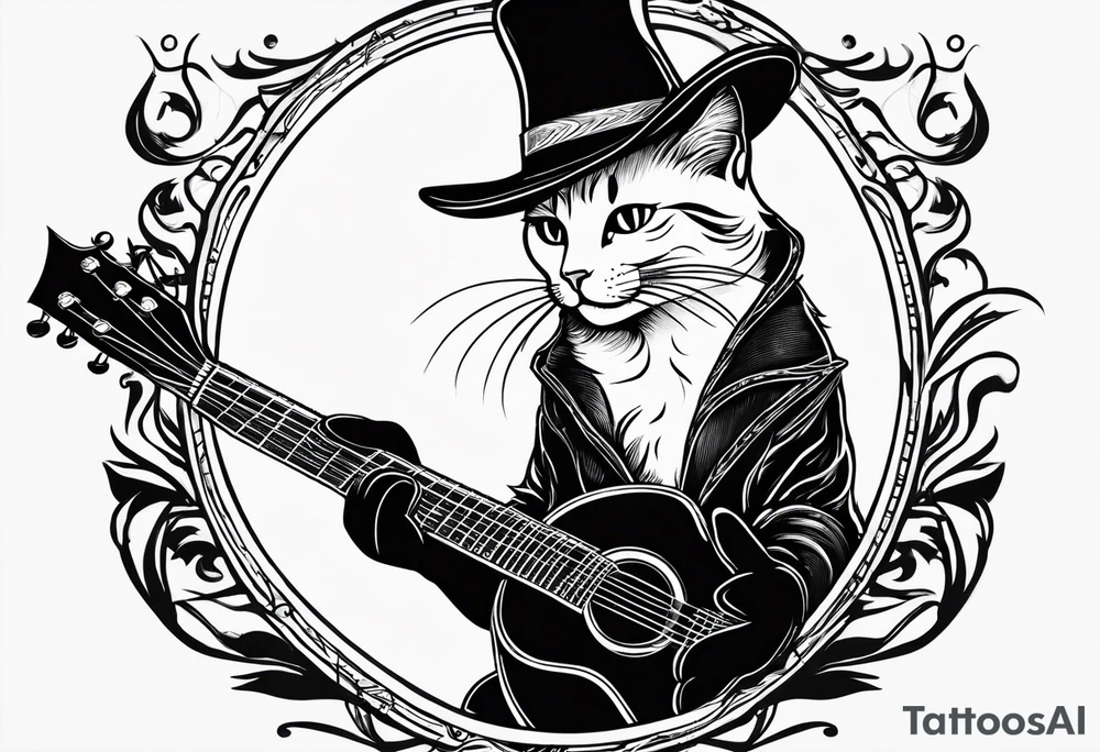 black cat funny hat holding a guitar tattoo idea