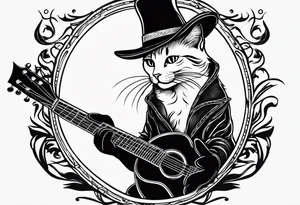black cat funny hat holding a guitar tattoo idea