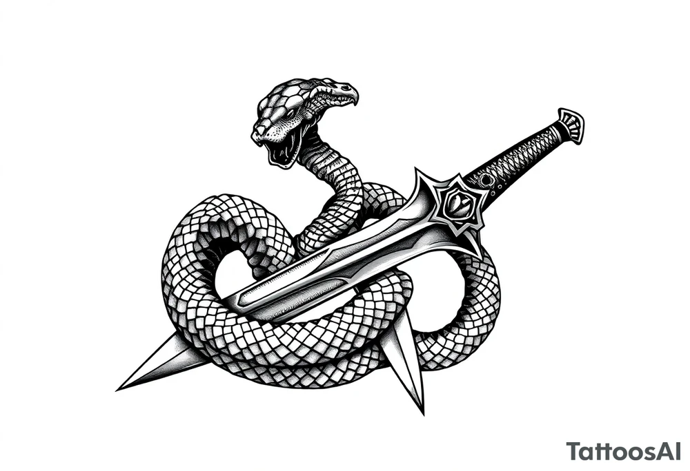 mystical snake coiled around an ancient dagger with jeweled hilt tattoo idea