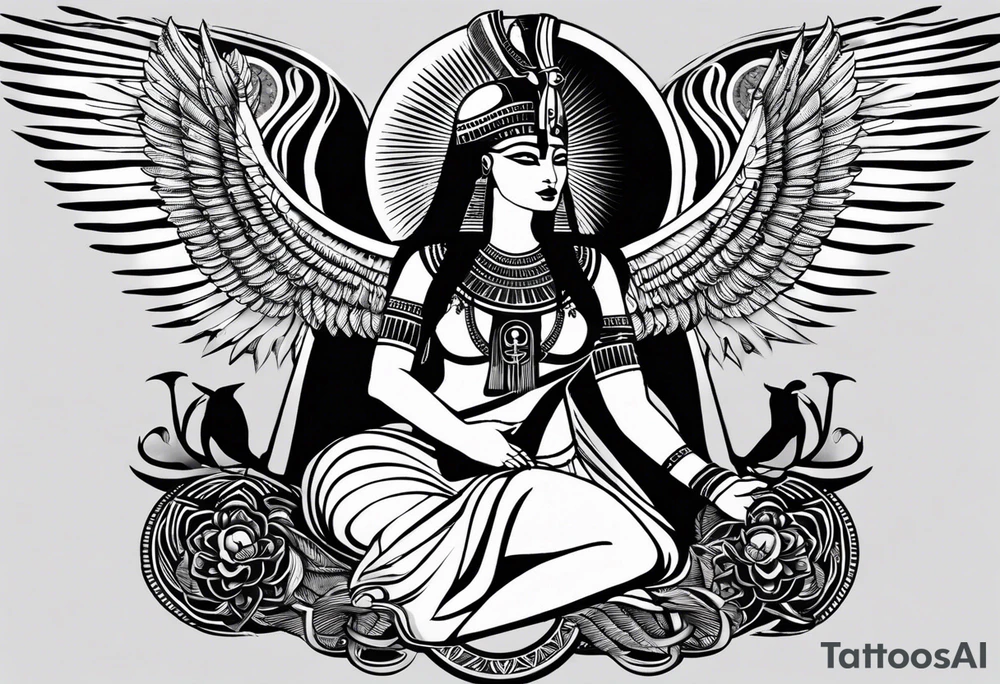 black and white Egyptian goddess Isis, who is often depicted as a woman with outstretched wings, holding an ankh (a symbol of life) in one hand and a lotus flower in the other. Her headdress often includes a throne or a solar disk. The tattoo design can vary in style and size, but it typically aims to capture the essence of this revered Egyptian deity, emphasizing her beauty, power, and maternal qualities. The choice of colors and additional elements can also be customized to create a unique and visually striking representation of the goddess Isis tattoo idea