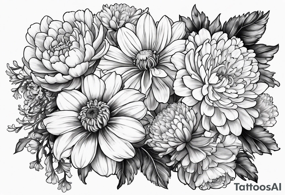 marigold, chrysanthemum, and 
narcissus side by side tattoo idea