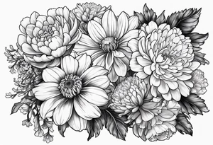 marigold, chrysanthemum, and 
narcissus side by side tattoo idea