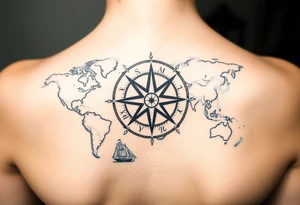 antique compass rose overlaid on weathered world map with sailing ships tattoo idea