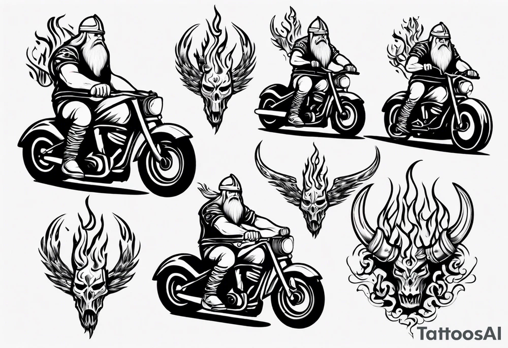 A viking riding a motorcycle with flames tattoo idea
