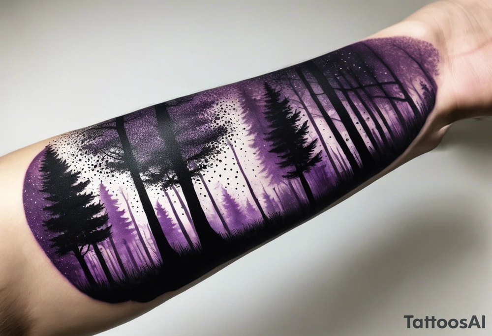 forest, purple and black, covered from wrist to forearm, fully covered, no borders, blackwork tattoo idea