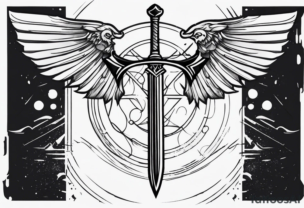 Sword with cyber sigil wings tattoo idea