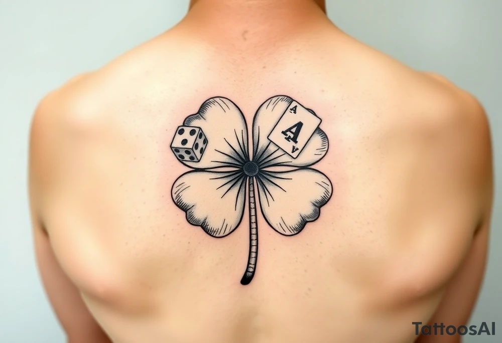 A. Four-leaf clover with dice, playing cards, a slot machine, and a roulette table in each leaf tattoo idea