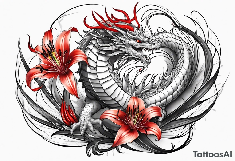 Black and white dragon. Red spider-lily. Lightning. No background. Arm or Shoulder. tattoo idea