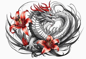 Black and white dragon. Red spider-lily. Lightning. No background. Arm or Shoulder. tattoo idea