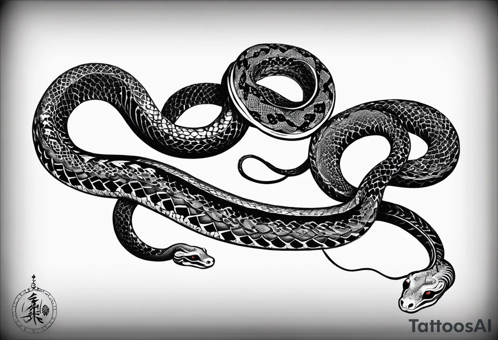 Double headed snake tattoo for placement along the spine in japanese style where the head is positioned at the bottom end of my spine to symbolise a journey of healing and transformation tattoo idea