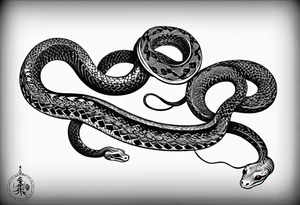 Double headed snake tattoo for placement along the spine in japanese style where the head is positioned at the bottom end of my spine to symbolise a journey of healing and transformation tattoo idea