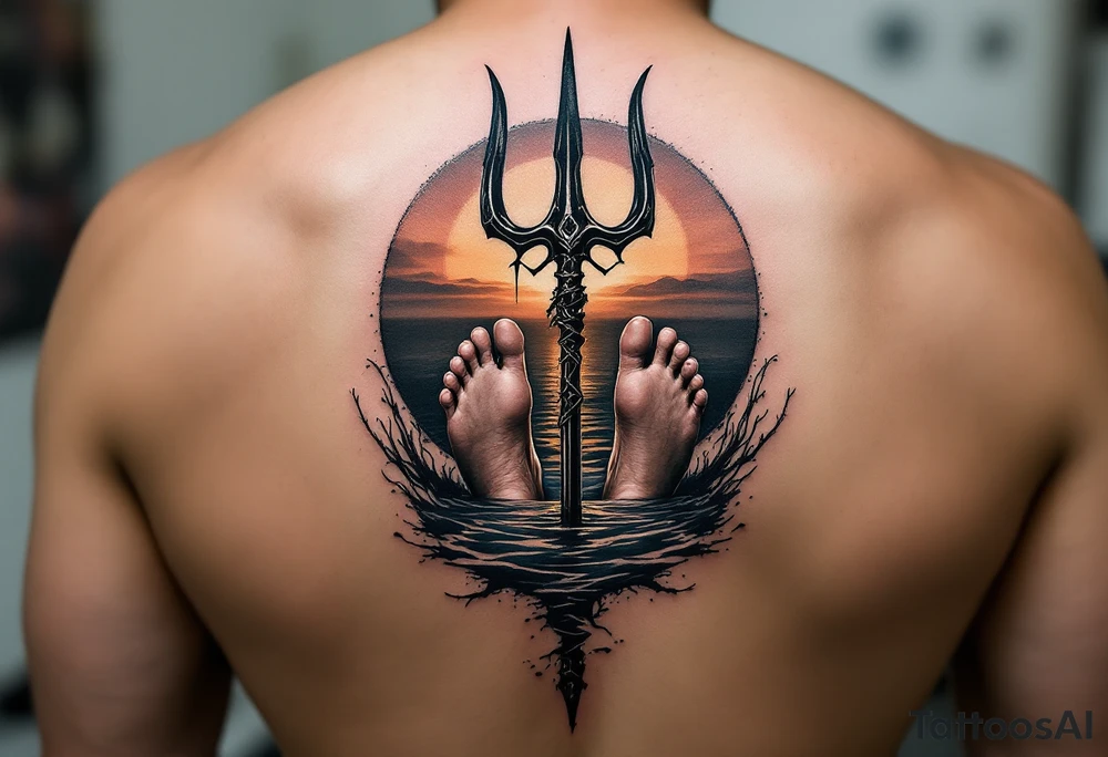 barefeet behind trident with water and sunset tattoo idea