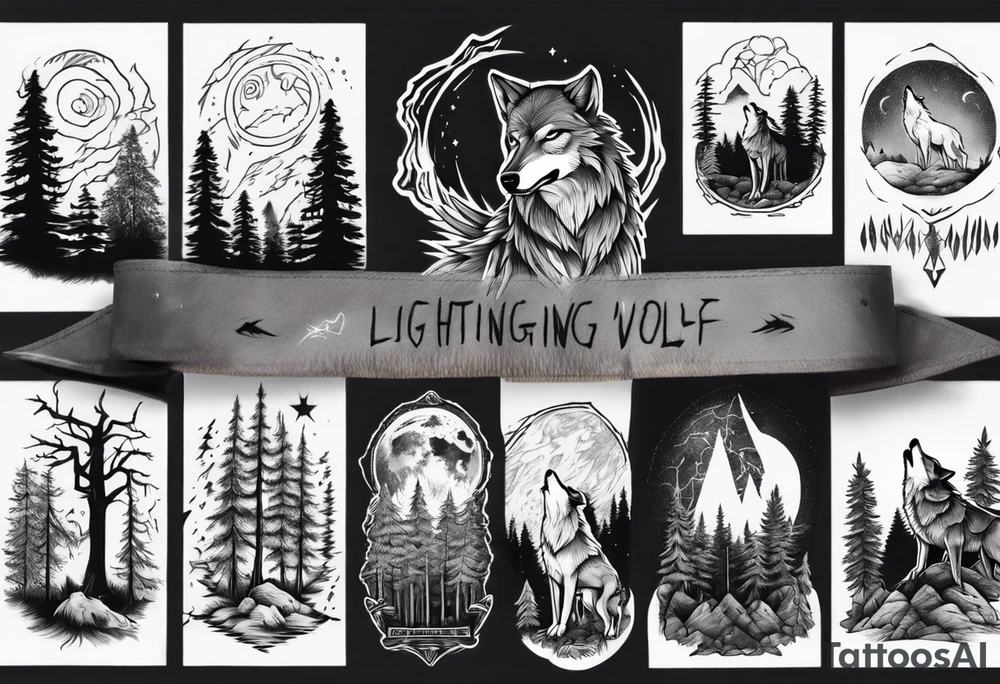 lightning over forest with wolf howling tattoo idea