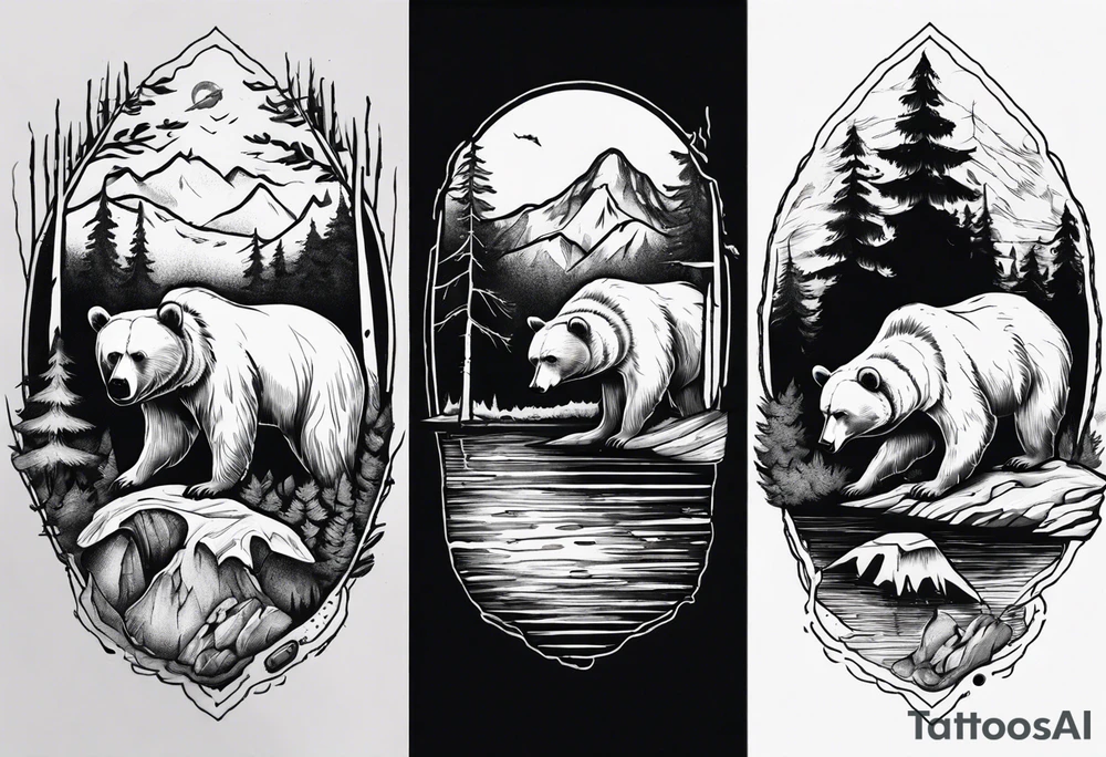 bear, forest, lake, appalachia, arm sleeve tattoo tattoo idea