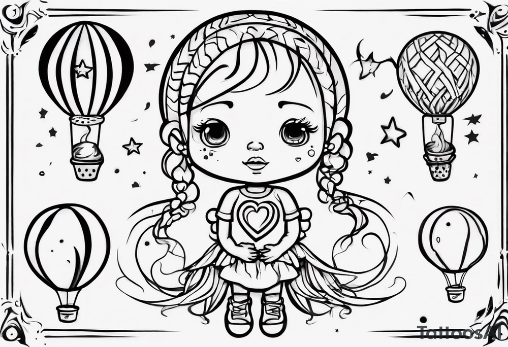 Hot water balloon with star and heart balloons and little girl inside dreaming tattoo idea