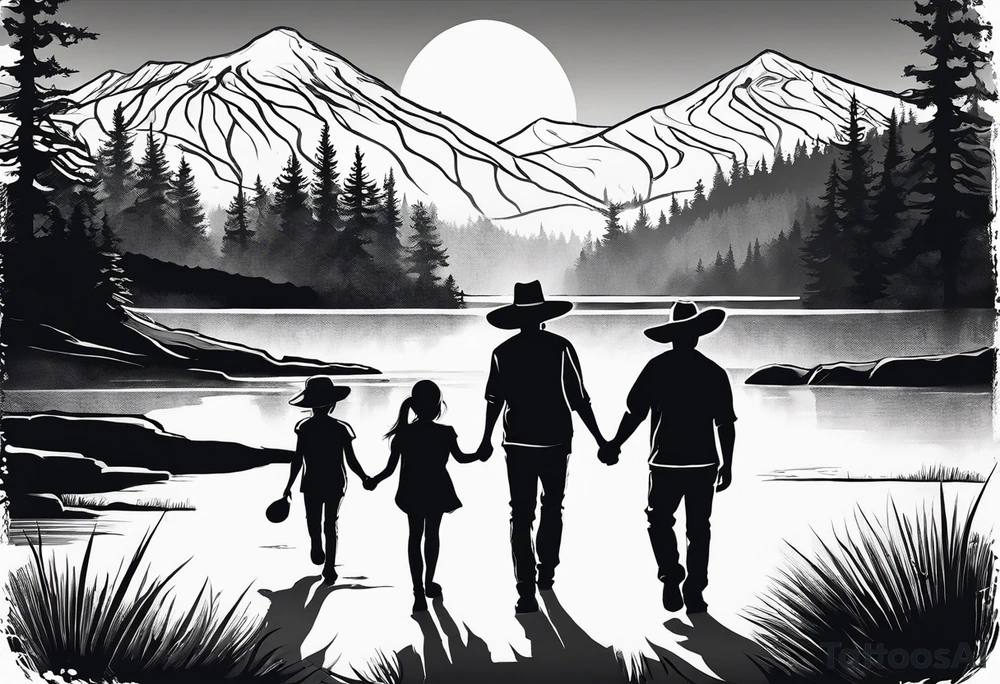 A shadow of a family of four walking through the Pacific northwest landscape. Faith centered and add Mexican culture tattoo idea