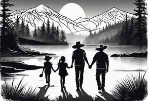 A shadow of a family of four walking through the Pacific northwest landscape. Faith centered and add Mexican culture tattoo idea
