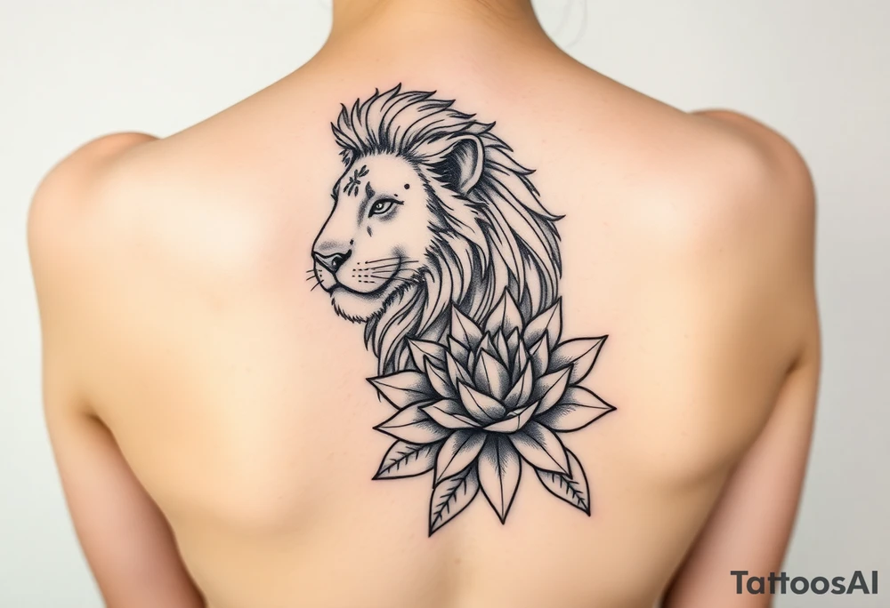 Simple lioness with lotus flower tattoo idea